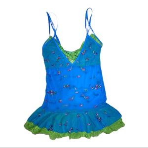 Vintage Y2K blue and green mesh floral  Embroidery nightie chemise lingerie